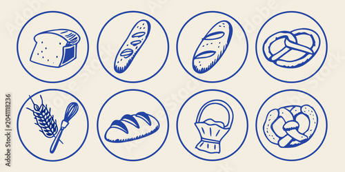 Fotografía bakery assortment in blue sketch style featuring various breads bread loaf pretz