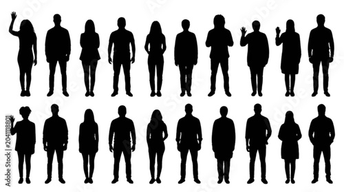 Fotografie Silhouettes of people walking in a row isolated on transparent background, Vecto