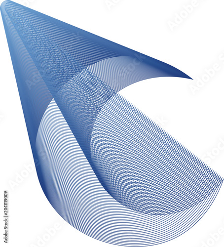 A blue curved shape with a striped pattern on a white background