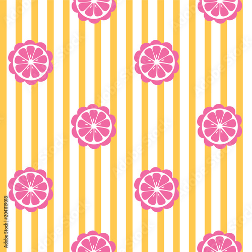 Seamless vector pattern with pink lemon on a yellow striped background. Hand drawing print. Summer pattern. print for T-shirts, textiles, wrapping paper, web. 
Seamless vector pattern with pink lemon.