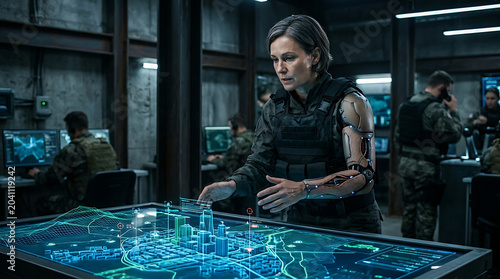Cybernetically Enhanced Leader Engages with Futuristic Holographic City Map in High-Tech Command Center for Strategic Planning