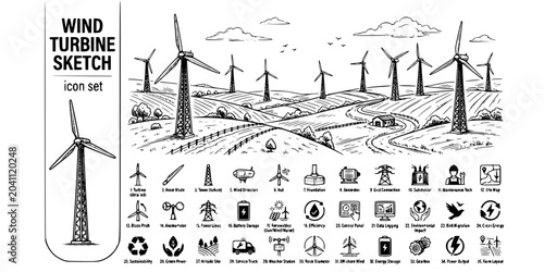 Cuadro en lienzo Wind Turbine Farm Sketch Black White-Rotor Blade Tower Hillside-Clean Energy Vec