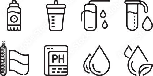 Vector Illustration Set of water quality test line icons including liquid bottles laboratory equipment chemical ph strips and drop symbols.