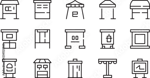 Fotografía Vector Illustration Stall and booth line icons set for street markets fairs and retail stores outdoor shop kiosks and food stands collection