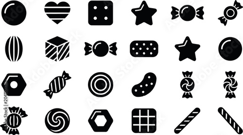 Photography Variety of black silhouette candy icons isolated on transparent background for c