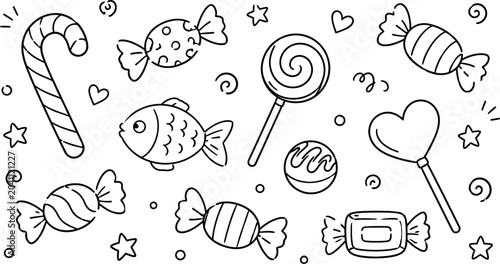 Bild auf Leinwand Hand-drawn set of various candies, lollipops, and sweets in simple black outline vector illustration
