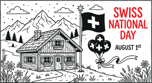 Fotografía Vintage swiss national day illustration with chalet mountains flag and balloons