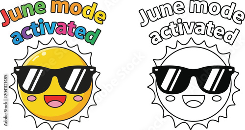 Photos June Mode Activated Text with Cool Sun in Sunglasses Coloring Page