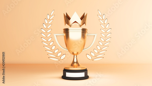 A gold trophy with a handle on a gold background, representing the awarding of a prize to a competition winner.,3d rendering