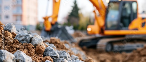 A vibrant construction site features a yellow excavator digging through piles of brown dirt and exposed gray rocks under a clear sky, representing industry and progress.