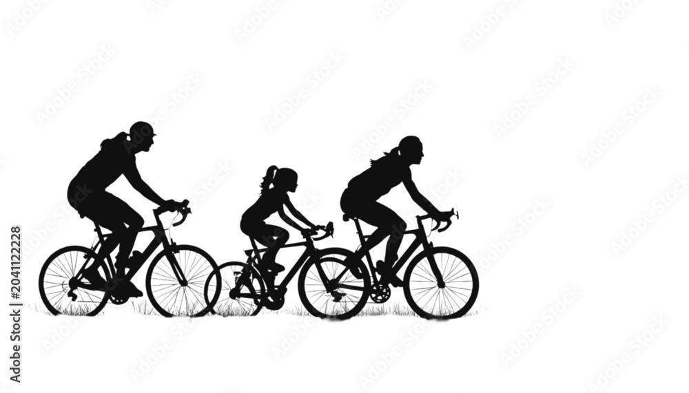 Obraz premium Cyclists silhouette group moves forward on road bikes to depict a family riding in a local park area.