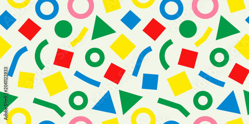 colorful geometric shapes pattern on white background memphis style circles squares triangles