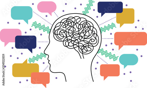 Busy mind icon illustrations with tangled thoughts, colorful speech bubbles, communication graphics, and vector design concepts