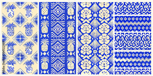 tropical pineapple patterns in blue and beige pattern folk art design ornament