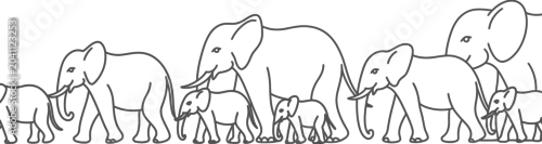 Obraz Elephant family, line art illustration, black and white, vector graphics, animal icons