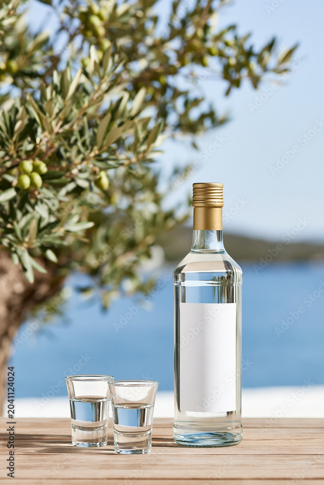 Obraz premium Clear glass bottle with blank label and shot glasses displayed beside an olive tree overlooking the sea