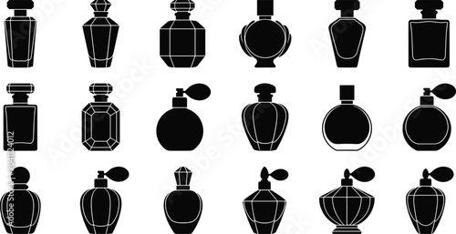 Foto Black and white of various perfume bottles and containers glass bottle spray bot