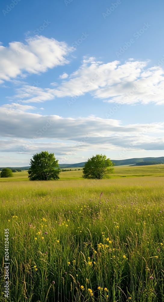 Obraz premium Serene grassland with distant trees under blue sky.