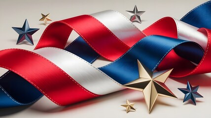 3D Premium Patriotic Ribbon Waves with Metallic Stars Background