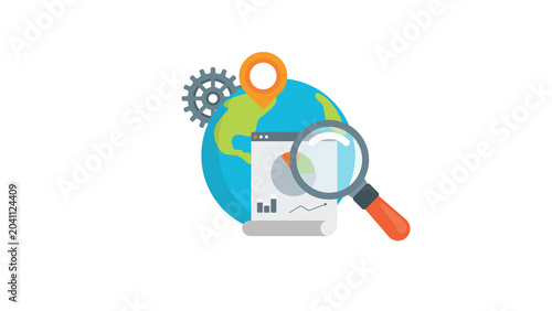 Global Business Data Analysis Concept with World Map Magnifying Glass and Analytics Report Chart Icon Illustration