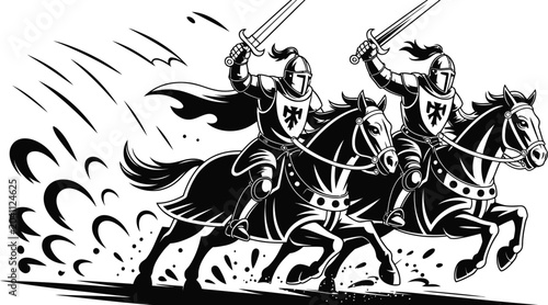 Canvastavla Medieval Knights, Horseback Riding, Black and White, Vector Illustration, Ancien