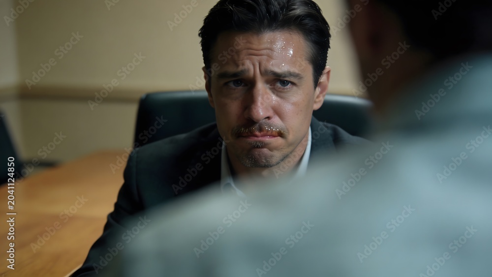 © Rayn - A worried, sweating man in a suit looking anxious during an intense corporate investigation meeting or legal interrogation session, reflecting fear, guilt, and high pressure.