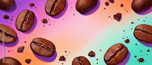 Close-up of roasted coffee beans scattered on a vibrant, colorful gradient background