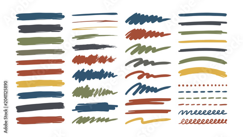 Colorful brush strokes and lines in various styles and textures for design