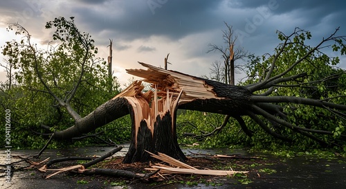 Massive uprooted tree after violent storm damage in forest.