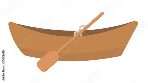 Simple wooden rowboat illustration with a single brown oar on a white background