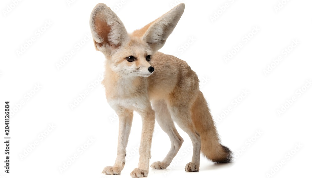 Obraz premium Small fennec fox with large ears standing, isolated on white background 
