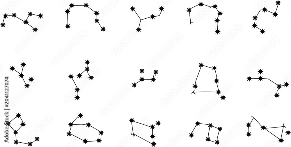 Fototapeta premium Black and white constellation diagram showing the twelve zodiac signs with stars and lines map.