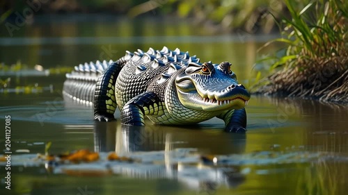 Alligator, slowly walking forward, low water swamp, mp4 video. AI