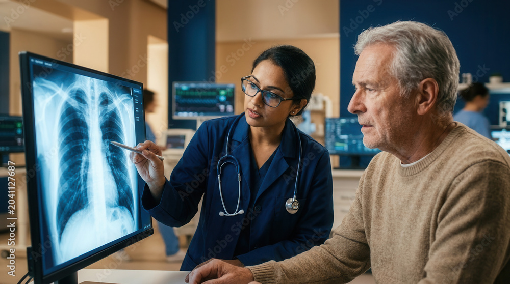 Fototapeta premium Medical Professional Explains Lung X-Ray Results to a Senior Patient in the Clinic