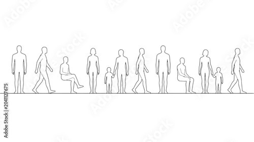 CAD  Drawing People, human silhouettes, line art icons, minimalist illustrations, diverse crowd isolated on White Background vector eps silhouette