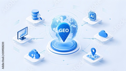 Isometric global geo tracking technology network with artificial intelligence database analytics and cloud computing icons
