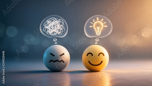Sad gray sphere with tangled thoughts next to happy yellow sphere with glowing lightbulb representing problem solving and positive mindset