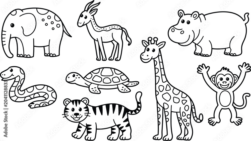 Obraz premium Cute collection of wild safari animals in a simple black and white line drawing for coloring page