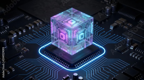 Holographic digital processor cube hovering on motherboard visualizing advanced artificial intelligence and cyber security network