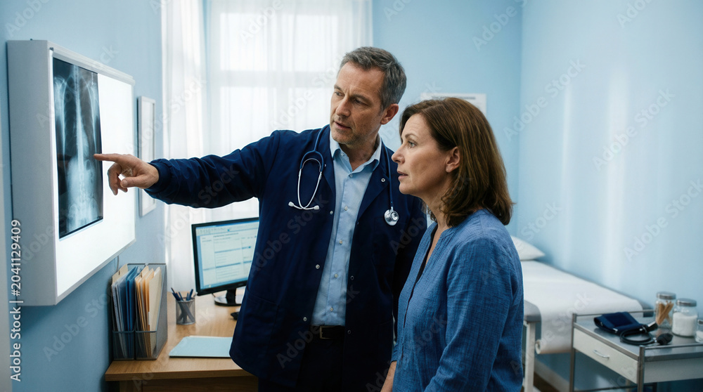 Fototapeta premium Medical Professional Explains X-Ray Results To Concerned Patient In Examination Room