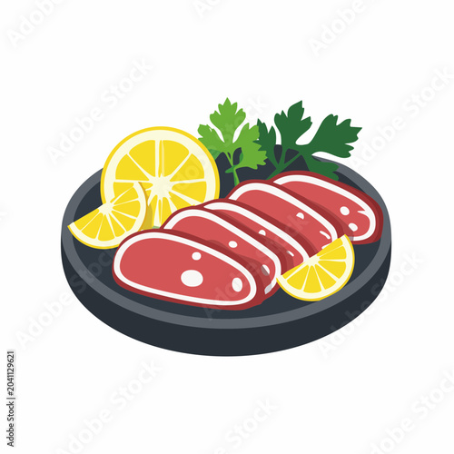 Sliced Meat with Lemon and Parsley on a Plate