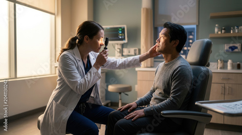 Medical Professional Examining Patient's Face with Ophthalmoscope in Examination Room Setting