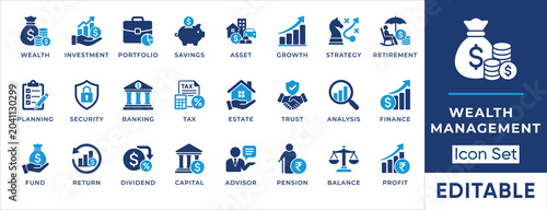 Tableau sur toile Wealth management and fintech solid icon set
