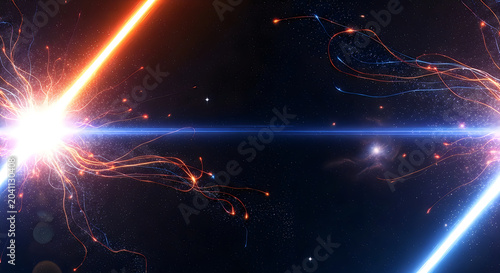 Abstract cosmic energy burst with glowing particles and light streaks