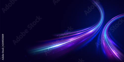 Abstract technology background with high-speed glowing light trails, digital network connectivity, data transmission, and information flow. Futuristic vector illustration with copy space.