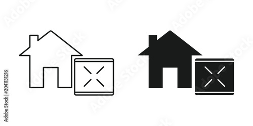 Картината върху платно Minimalist house icon adjacent to a with a cross symbol in outline and solid bla