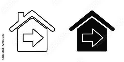 Foto Two house icons with outgoing arrow symbols in white outline and solid black aga
