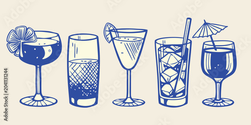 Bild auf Leinwand set of five hand drawn cocktail glasses in blue line art drinkware