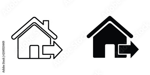 Foto Outline and solid house icons with outgoing arrow indicating relocation or depar