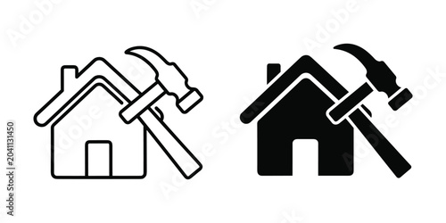 House silhouette with hammer overlay symbolizing construction and renovation services on a clean background